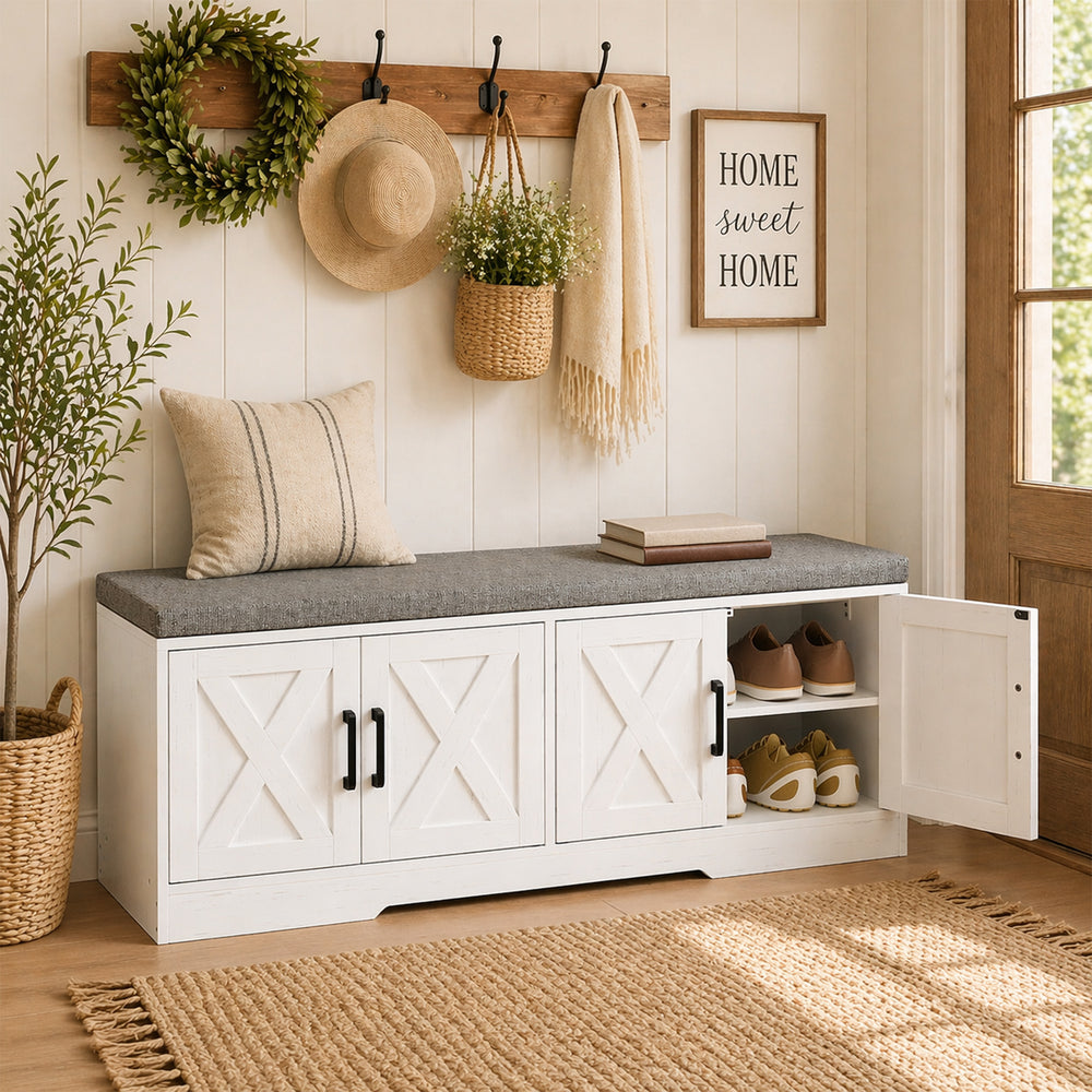 Banc à chaussures avec coussin, portes et étagères réglables pour entrée, blanc