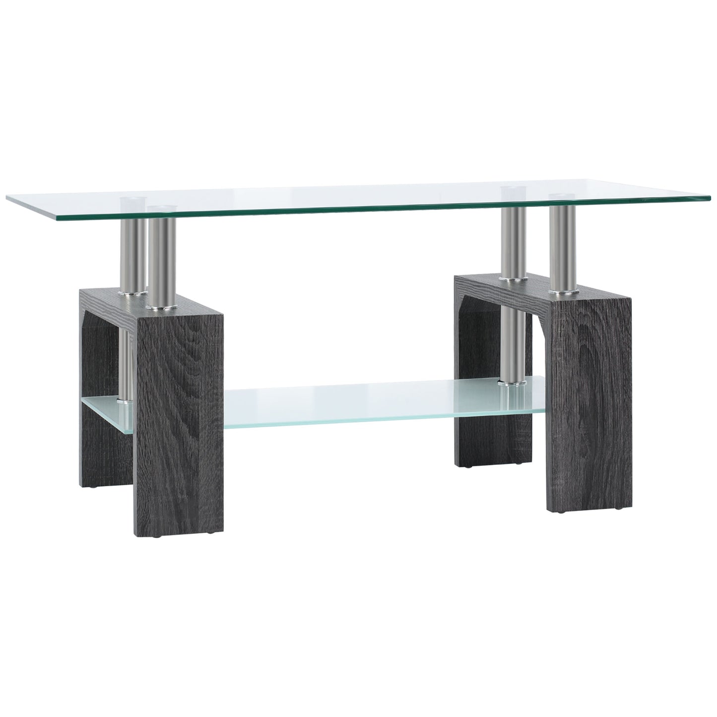 Table basse rectangulaire en verre avec plateau en verre trempé et étagère de rangement pour salon, gris