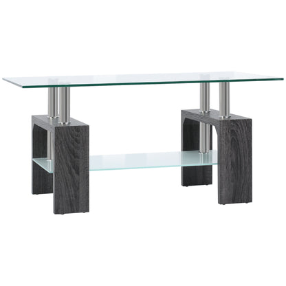 Table basse rectangulaire en verre avec plateau en verre trempé et étagère de rangement pour salon, gris