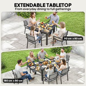 Ensemble de salle à manger d'extérieur 7 pièces en aluminium pour 6 personnes avec plateau extensible et chaises empilables
