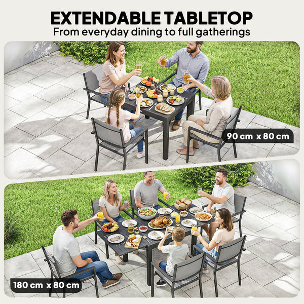 Ensemble de salle à manger d'extérieur 7 pièces en aluminium pour 6 personnes avec plateau extensible et chaises empilables