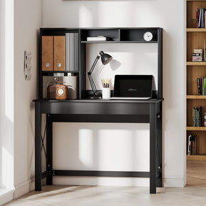 Computer desk with shelf, storage and open compartments, black