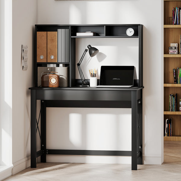 Computer desk with shelf, storage and open compartments, black
