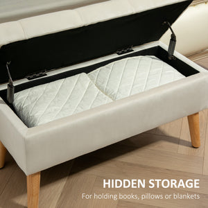 Pouf de rangement avec couvercle rembourré en velours et pieds en bois, blanc crème