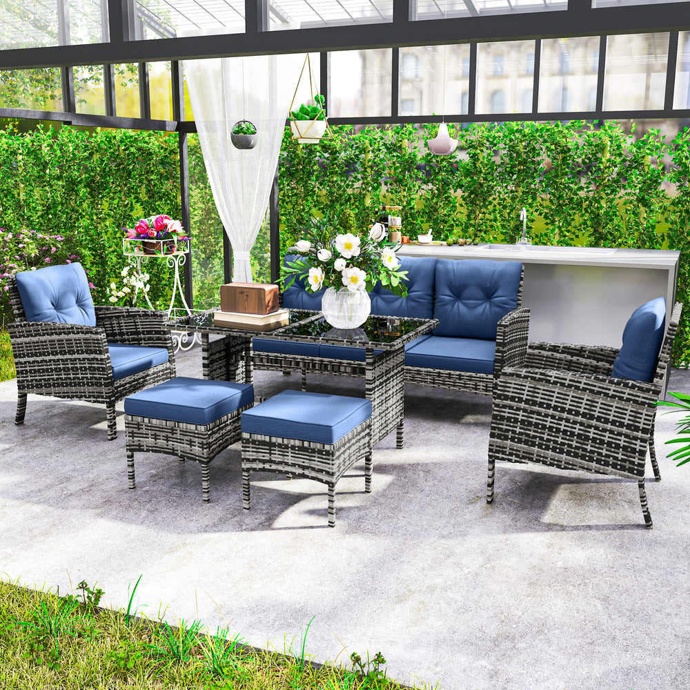 Ensemble de meubles de jardin 6 pièces avec chaises de jardin, poufs, canapé, table en verre et coussins, bleu marine