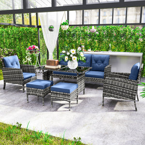 Ensemble de meubles de jardin 6 pièces avec chaises de jardin, poufs, canapé, table en verre et coussins, bleu marine