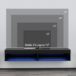 Meuble TV mural moderne avec rangement et éclairage LED pour téléviseurs jusqu'à 75 pouces, étagère flottante pour salon, noir