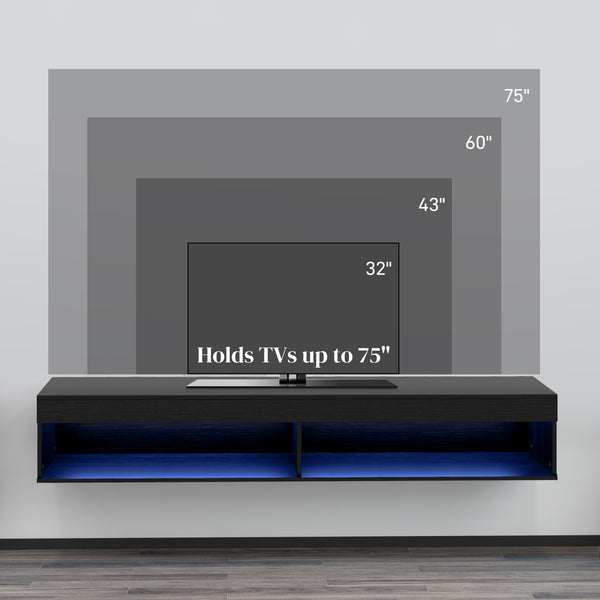 Meuble TV mural moderne avec rangement et éclairage LED pour téléviseurs jusqu'à 75 pouces, étagère flottante pour salon, noir