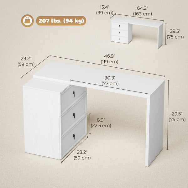 L-Shaped Computer Desk Home Office Desk with 3 Drawers White Wood Grain