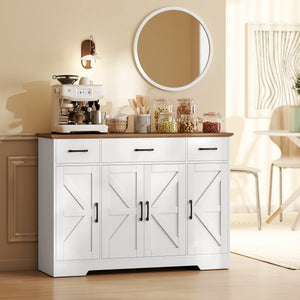 Buffet 47 po avec charnières à fermeture douce, style campagnard, avec 3 tiroirs, étagères réglables et porte-épices, blanc