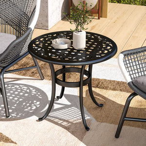 Ф23.6" Round Outdoor Side Table, Cast Aluminum Frame Patio Coffee Side Desk for Patio, Garden, Balcony, Black