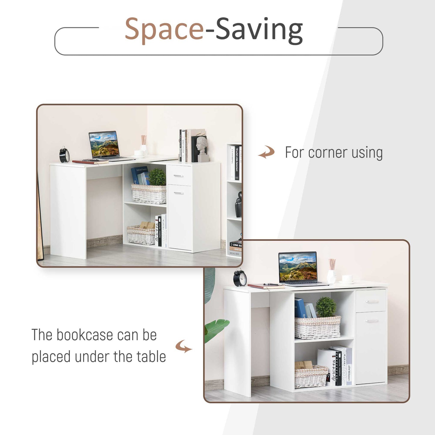 Bureau d'angle pivotant à 180° avec étagère de rangement, blanc