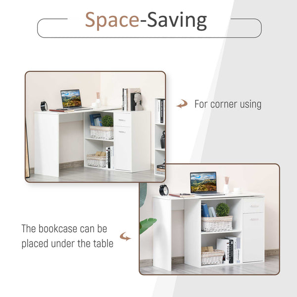 Bureau d'angle pivotant à 180° avec étagère de rangement, blanc
