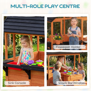Maisonnette en bois pour enfants de 3 à 8 ans, avec table, bancs, évier, fenêtres et supports pour pots de fleurs, couleur marron.
