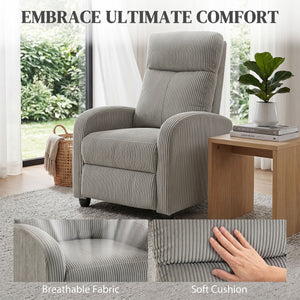 Fauteuil inclinable en velours côtelé avec assise rembourrée, idéal pour le salon, gris