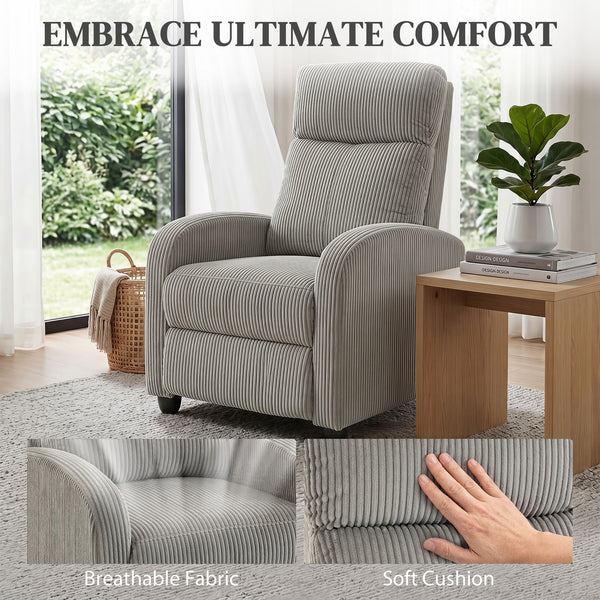 Fauteuil inclinable en velours côtelé avec assise rembourrée, idéal pour le salon, gris