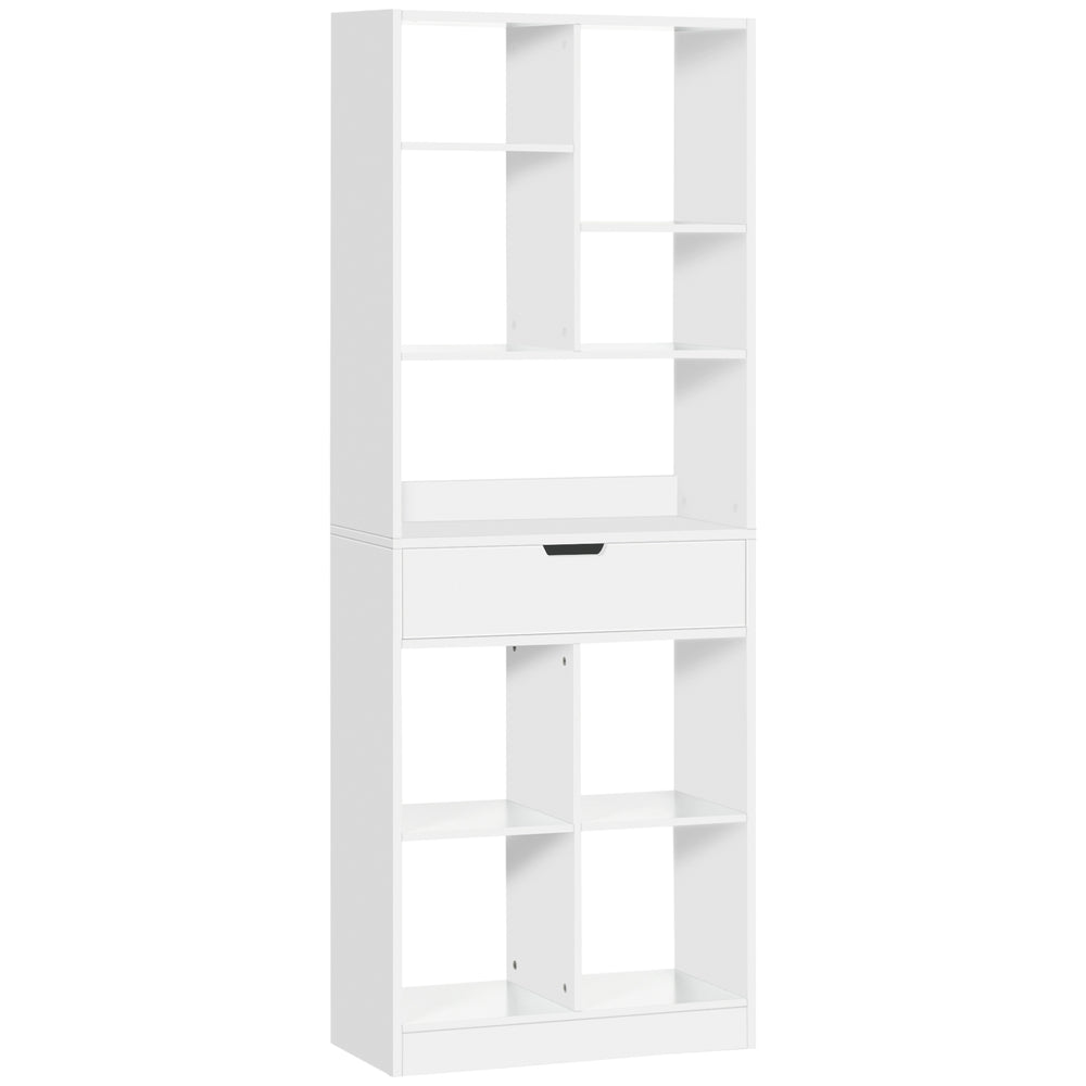 Bibliothèque haute avec tiroir, bibliothèque autoportante pour chambre, salon, bureau, blanc