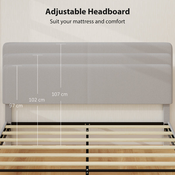 Queen size bed frame with adjustable upholstered headboard, wooden slatted base, quiet, light grey
