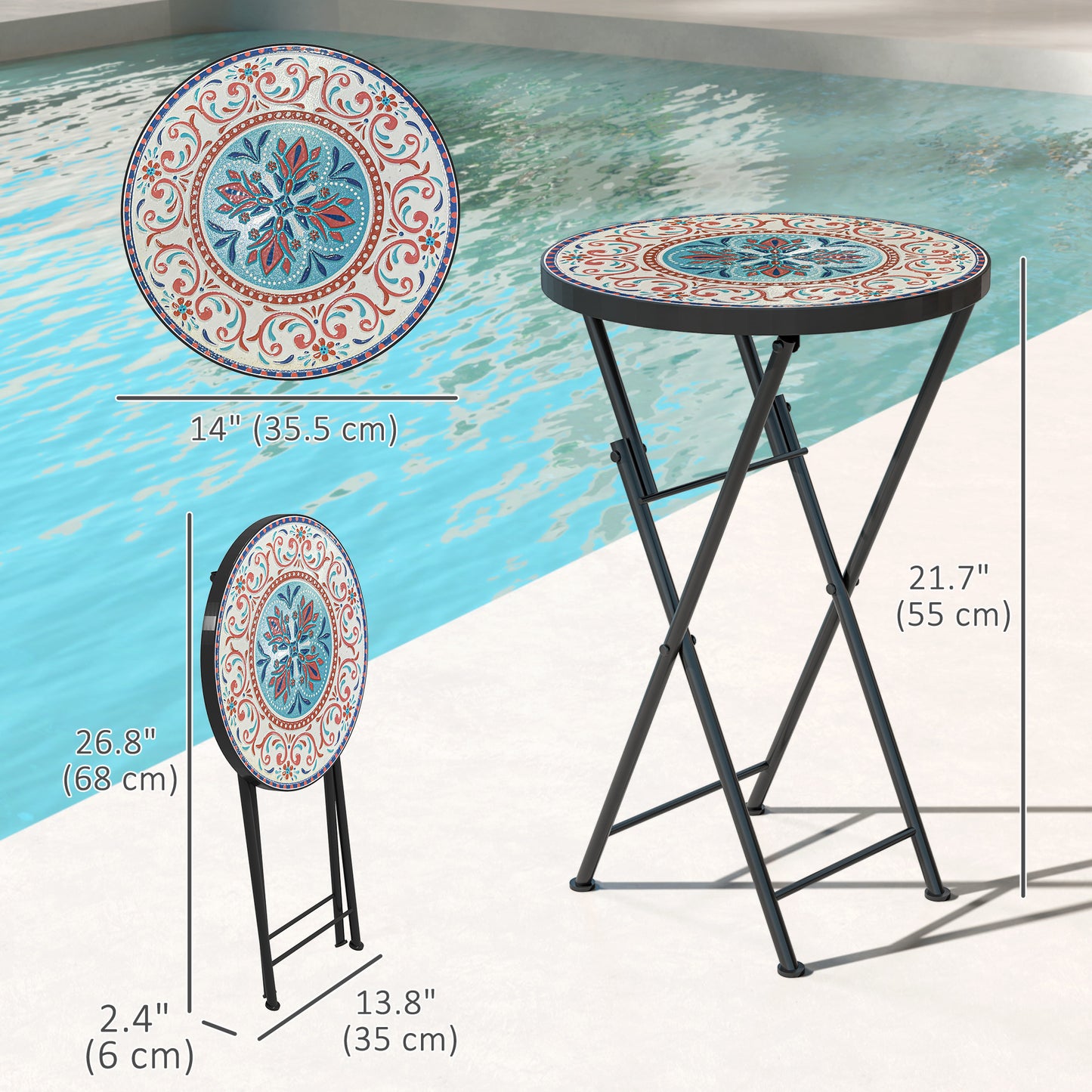 Outsunny Mosaic Outdoor Side Table, 14" Round Folding Coffee Table with Steel Frame for Balcony, Patio, Assorted Colors