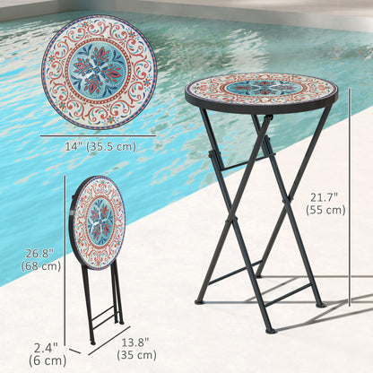 Outsunny Mosaic Outdoor Side Table, 14" Round Folding Coffee Table with Steel Frame for Balcony, Patio, Assorted Colors
