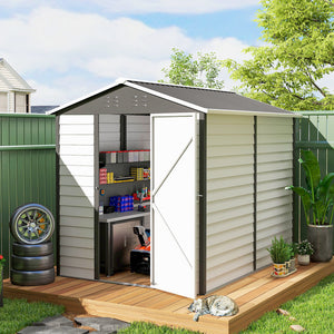 Garden shed with sloping roof and lockable door, grey and white