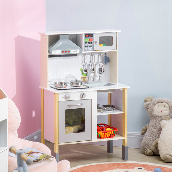 Cuisine enfant en bois avec lumières et sons réalistes, micro-ondes, hotte aspirante, blanc