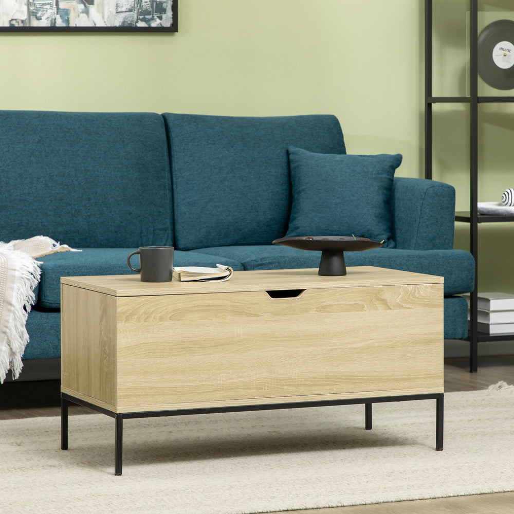 Banc de rangement relevable avec charnières de sécurité et pieds en acier, naturel