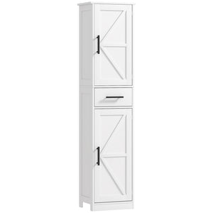 Meuble de salle de bain 170 cm de haut avec tiroir, portes de grange et étagères réglables, blanc