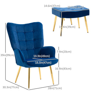 Fauteuil avec repose-pieds et pieds en métal doré, bleu foncé