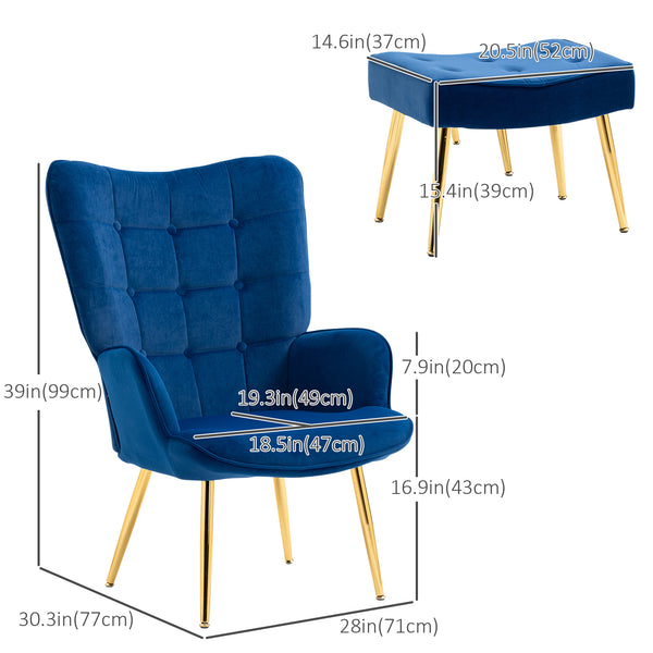 Fauteuil avec repose-pieds et pieds en métal doré, bleu foncé