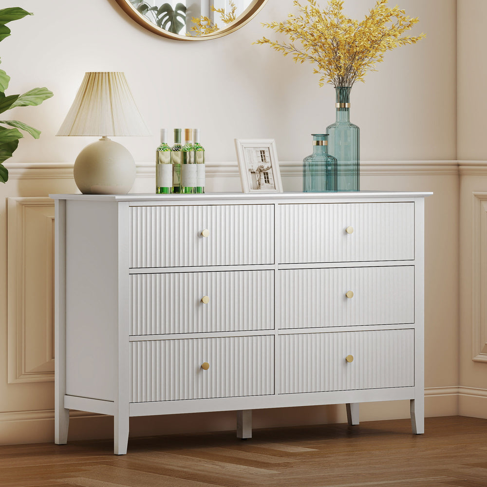 Commode moderne à 6 tiroirs, design cannelé pour la chambre, le salon, le couloir, Couleur : blanc.
