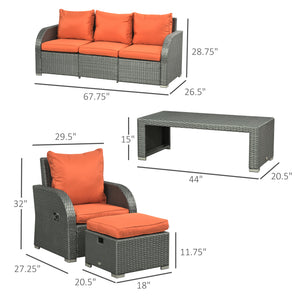 Patio Furniture with Cushions, 6 Pieces PE Wicker Patio Sectional Furniture Conversation Set w/ a Three-Seat Sofa, 2 Recliner Chairs, 2 Footstools & Table, Orange