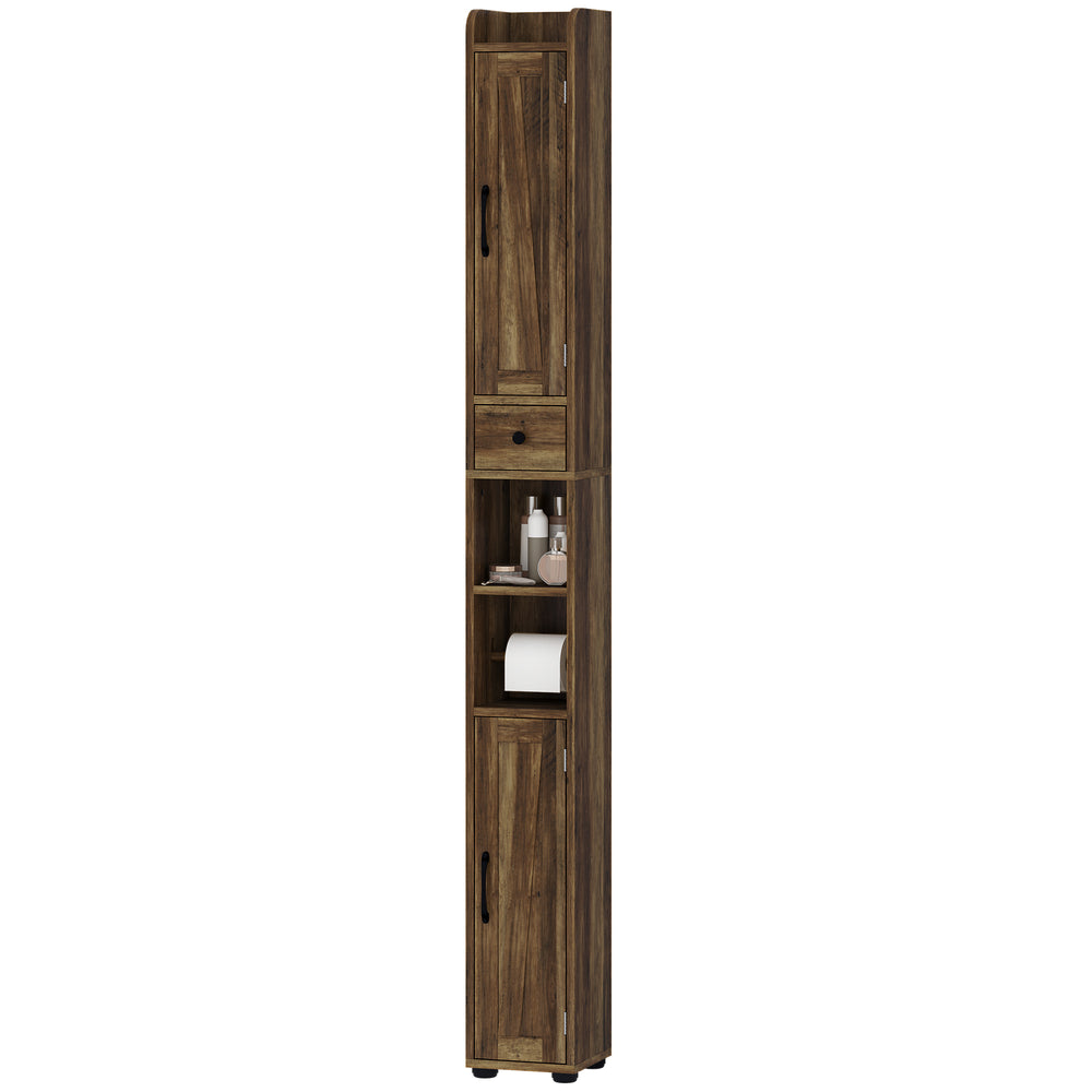 Meuble de salle de bain étroit, haut avec portes de grange, tiroir et étagères réglables, aspect bois brun