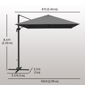 Parasol déporté en aluminium de 2,4 m avec rotation à 360°, base croisée, manivelle et inclinaison, gris foncé