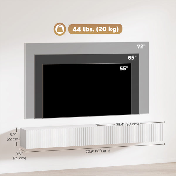 71" Floating Wall-Mounted TV Unit for TVs up to 72 inches, Multimedia Console with 2 Fluted Drop-Down Doors, Cable Management, White