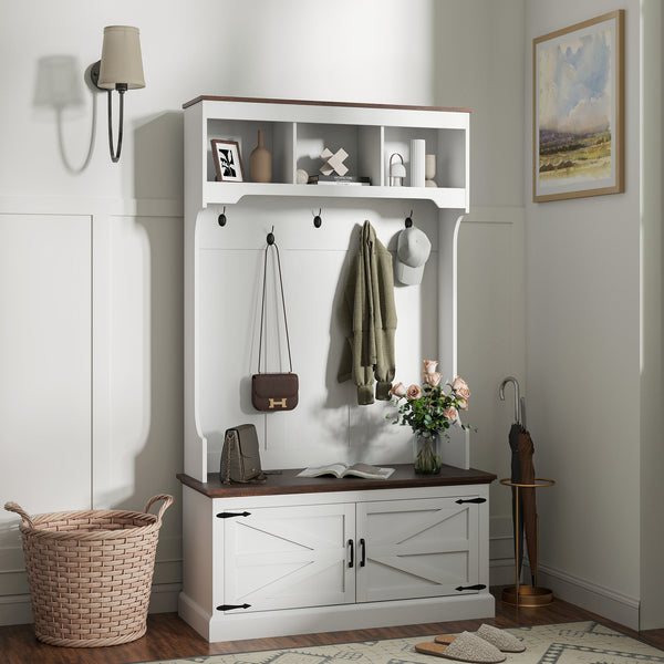 Meuble d’entrée 3-en-1 avec banc, porte-manteau et rangement à chaussures, blanc