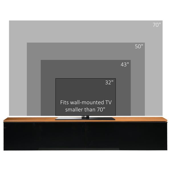 Meuble TV flottant pour téléviseurs jusqu'à 70 pouces avec rangement, effet brillant, marron et noir