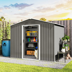 Metal garden shed with lockable sliding doors and ventilation, light grey