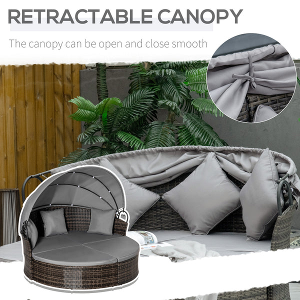 Chaise longue d'extérieur 2 pièces en rotin avec auvent rétractable avec coussins et oreillers, gris mélangé