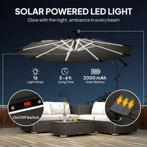 Parasol déporté de 3 m avec éclairage solaire avec rotation à 360°, inclinaison et housse de protection, noir