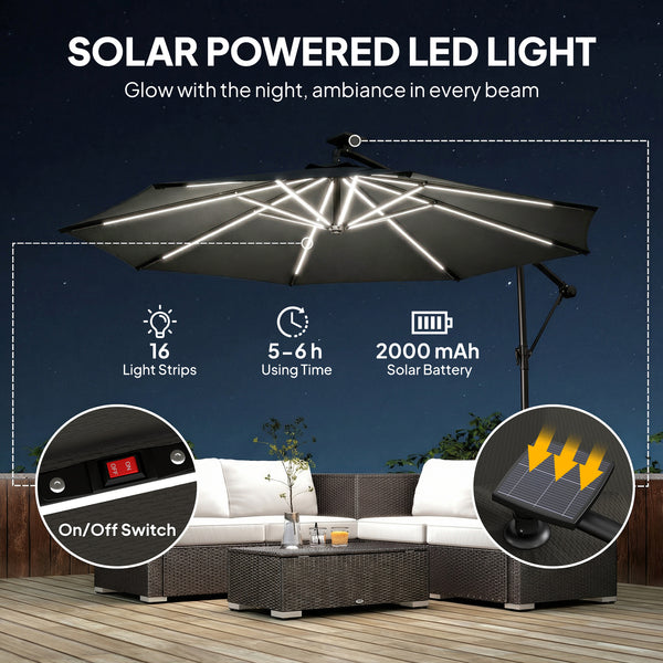 Parasol déporté de 3 m avec éclairage solaire avec rotation à 360°, inclinaison et housse de protection, noir