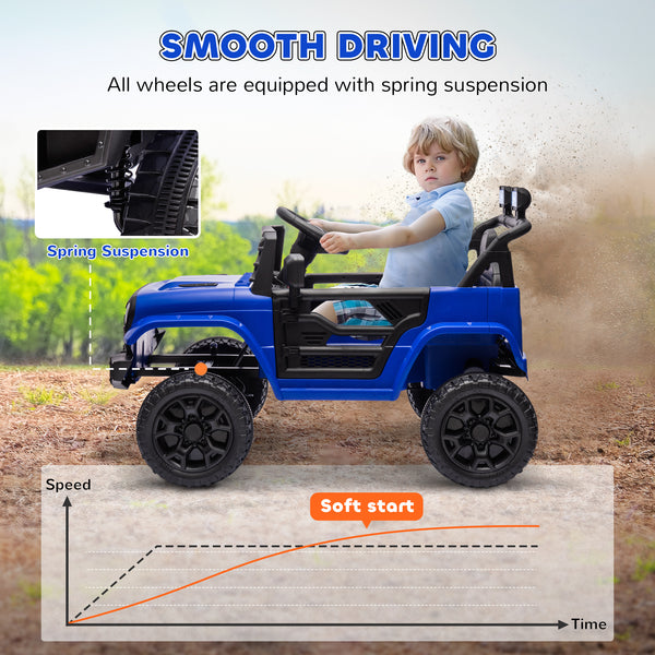 Jeep 12V, voiture électrique pour enfants avec télécommande, suspension, 3 vitesses, phares USB et musique, bleu foncé