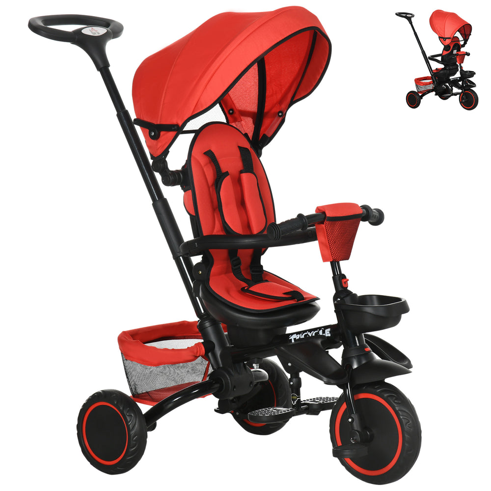 6-in-1 Toddler Tricycle for 12-50 Months, Foldable with Adjustable Seat, Safety Harness, Removable Canopy, Red