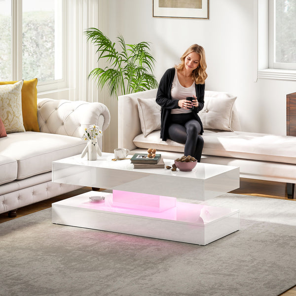 Table basse avec éclairage LED réglable et 2 tiroirs, blanc brillant