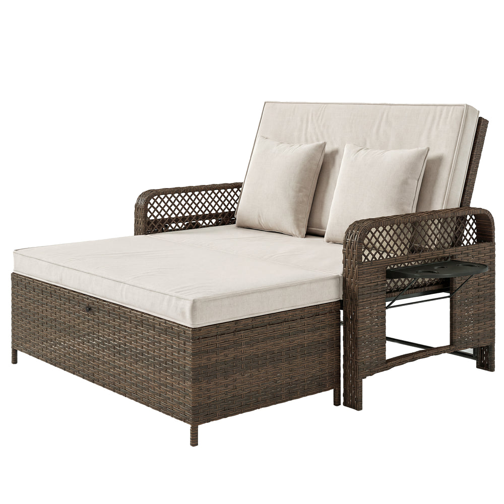 Chaises longues double de patio avec coussins, en résine tressée PE, dossier réglable et tablettes latérales, marron/crème