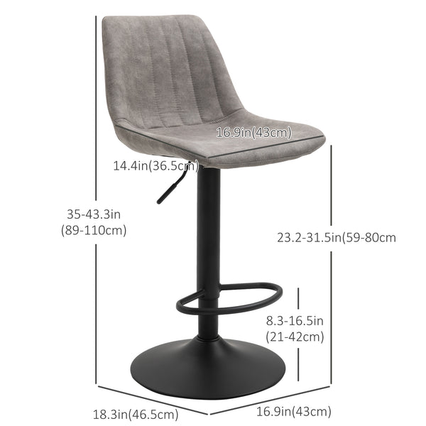 Set of 2 adjustable leather bar stools with backrest and footrest, grey