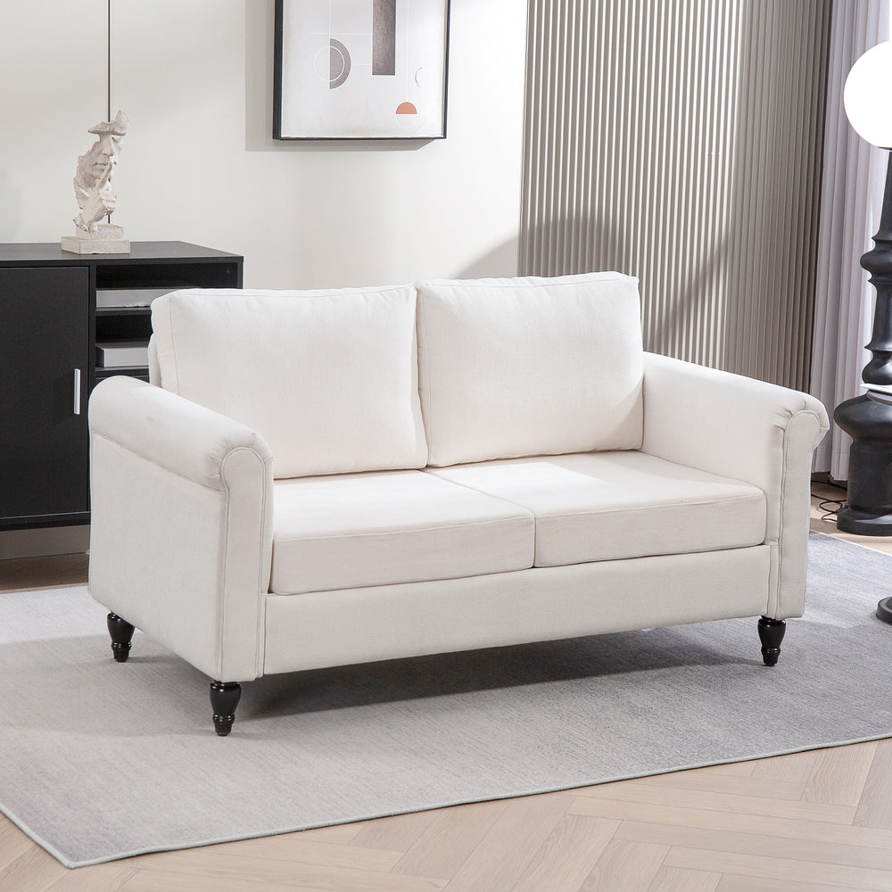 Canapé 2 places vintage capitonné avec pieds en bois d'hévéa, blanc crème
