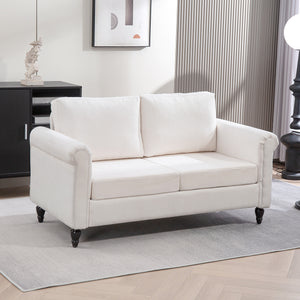 Canapé 2 places vintage capitonné avec pieds en bois d'hévéa, blanc crème