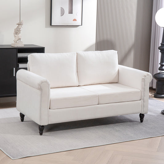 Vintage 2-seater upholstered sofa, chenille fabric, rolled armrests, rubberwood legs, cream white