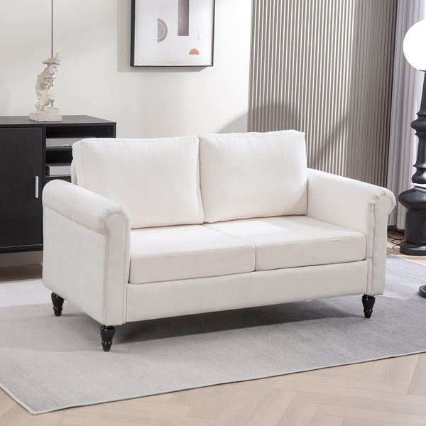Canapé 2 places vintage capitonné avec pieds en bois d'hévéa, blanc crème